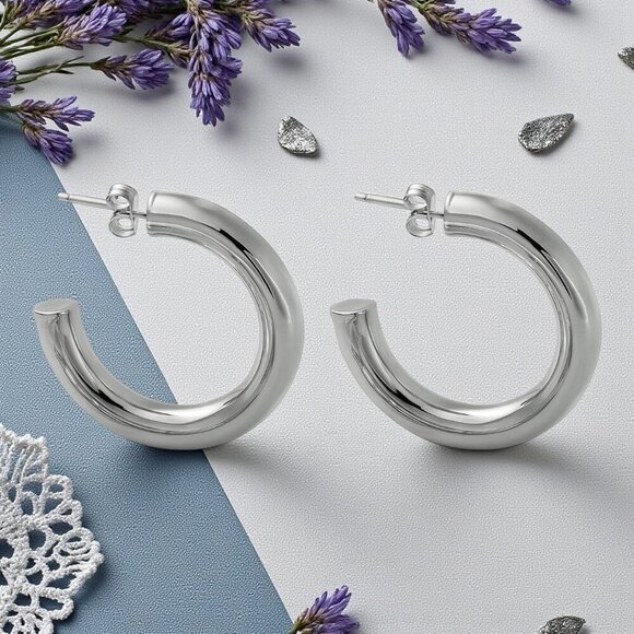 🆕️Chunky C Hoop Earrings 18K White Gold Plated Stainless Steel Minimalist - Picture 7 of 13
